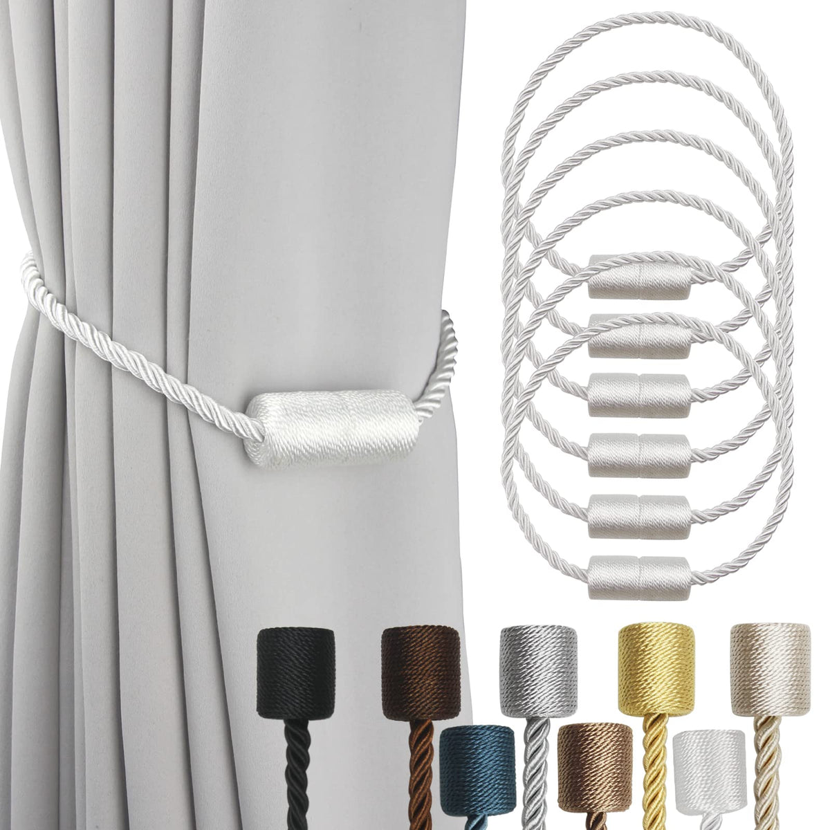 2 Pack Grey Strong Magnetic Curtain Tiebacks Outdoor Elegant Decorative Tie Backs Modern Rope Tiebacks for Drapes Window Curtain Holdbacks for Draperies