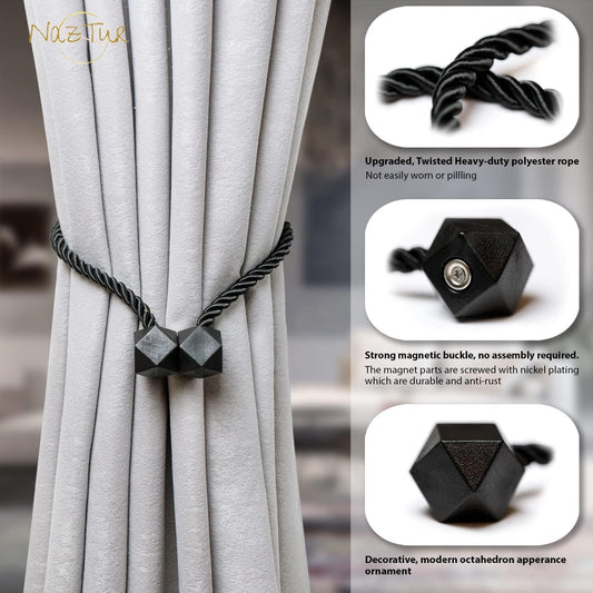 NazTur Magnetic Curtain Tiebacks, Curtain Ties, No-Drill Holdbacks (2 Pack)