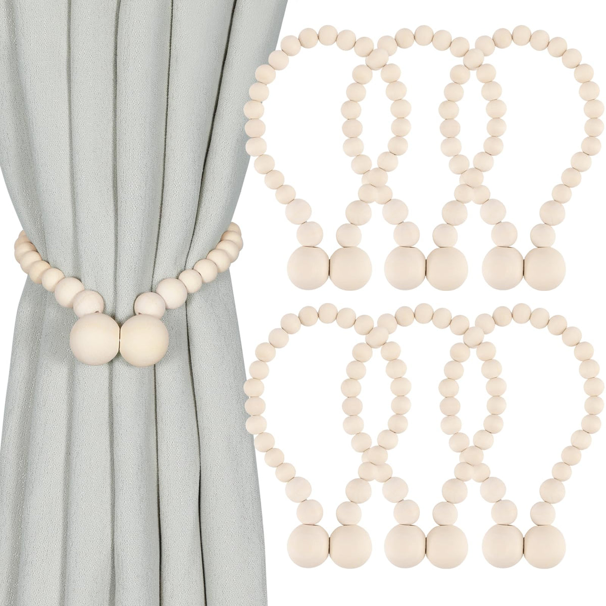 KLOGTSIND Magnetic Curtain Tiebacks, 2 Pack Wood Bead Curtain Holdbacks