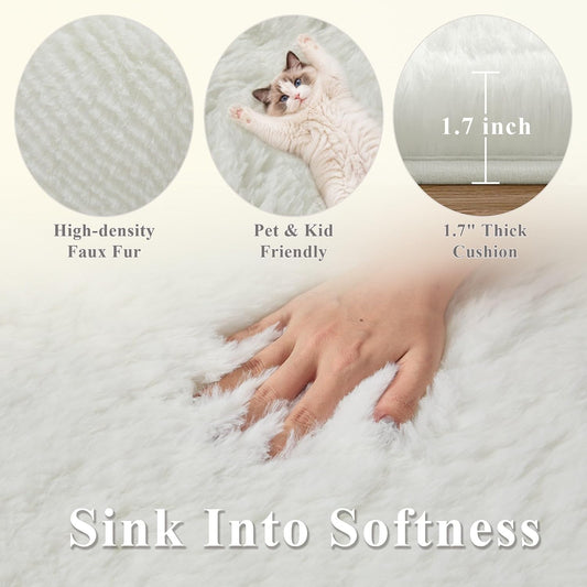 8x10 Ft Cream White Fluffy Area Rug for Living Room, Washable