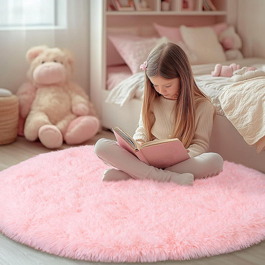 4Ft Fluffy Pink Round Rug for Girls Bedroom Kids Room, Washable Non-Slip