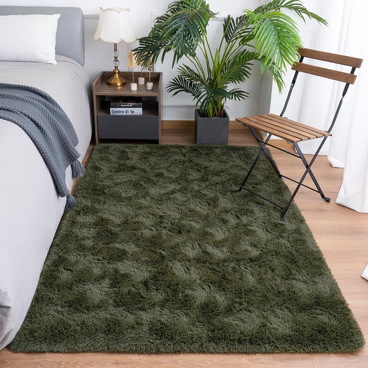 Goideal Fluffy Rug for Bedroom Living Room, 6x9 Olive Green Area Rugs, Faux Fur Shag Modern Carpet Ultra Soft Girls Boys Room Home Decor, Solid