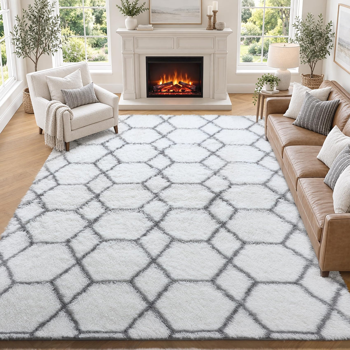 Area Rugs for Living Room Bedroom, 5x8 Fluffy Tie-Dyed Light Grey Shag Rug