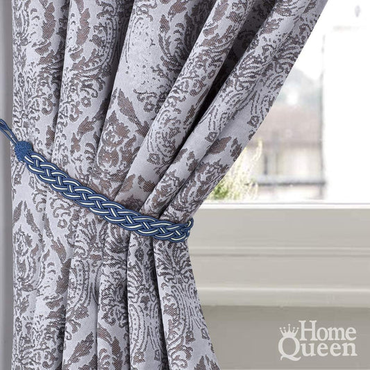 Home Queen Handwoven Rope Curtain Tiebacks for Drapes, 2 Pack Rope Holdbacks with Hooks, 23 Inch Long Polyester and Cotton Braided Tie Backs for Thick and Sheer Curtains,Navy and Silver