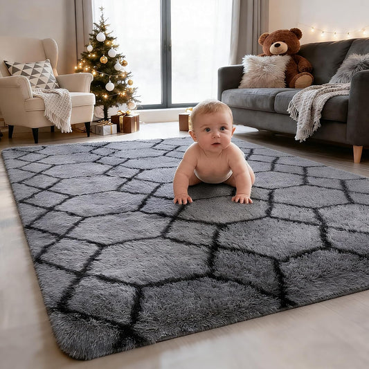 8x10 FT Soft Rug for Living Room, Geometric Shag Soft Area Rug, Classic Rug Anti-Skid High Pile Fluffy Carpet for Kids Room Nursery, Dorm Home Decor