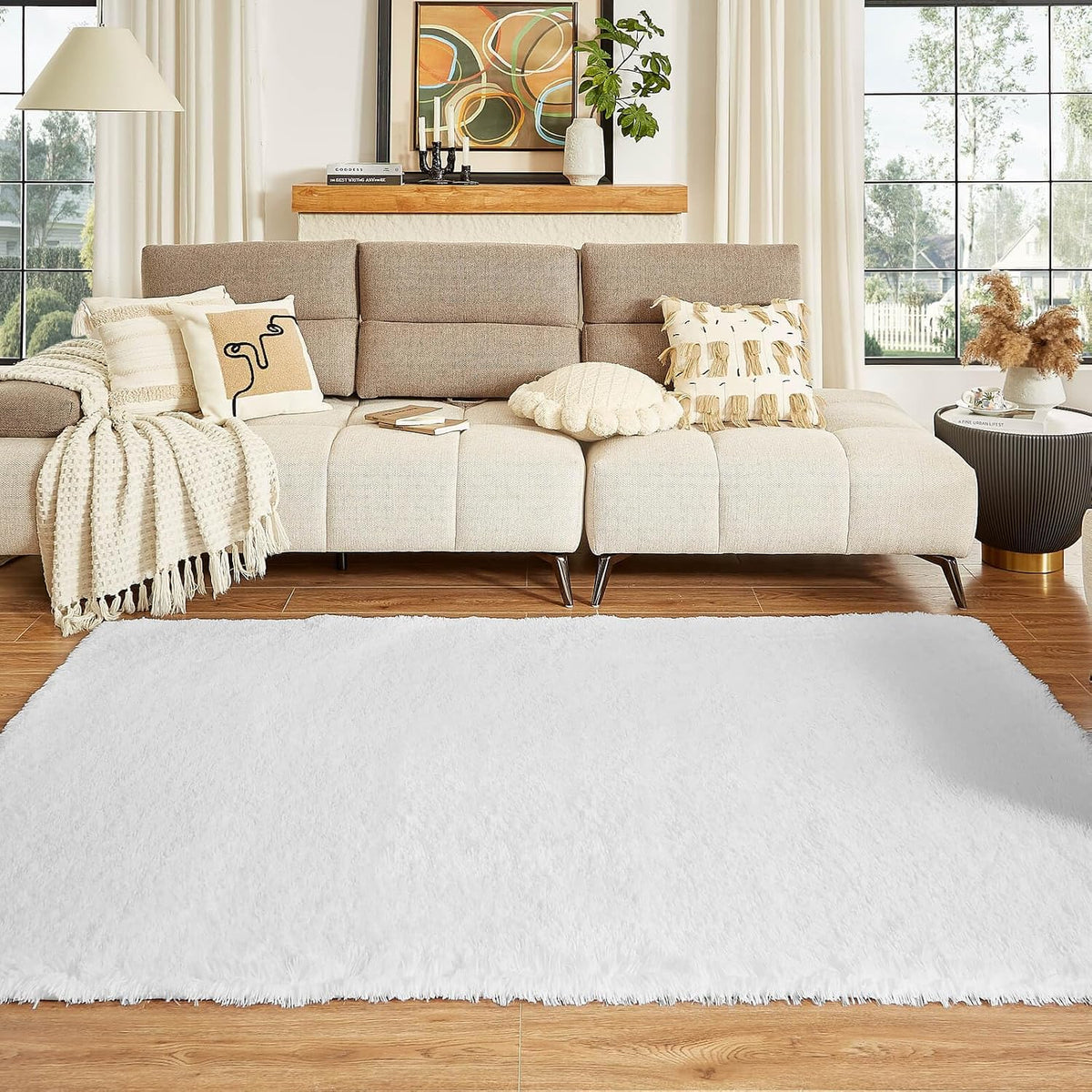 Floralux Rugs for Living Room, 6x9 Large Shag Area Rug, Tie-Dyed Light Grey Soft Fluffy Carpets for Bedroom