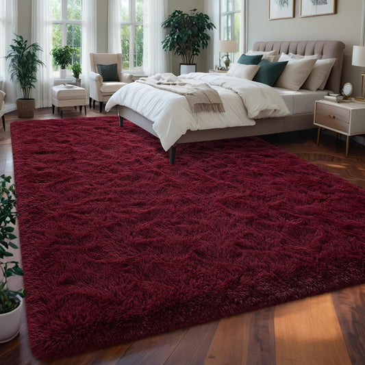 Nuttumico Burgundy Fluffy Shag Area Rug for Living Room Bedroom, 6x9 Feet Ultra Soft Indoor Modern Plush Fuzzy Rug, Thickened Carpet for Kids Playroom, High Pile, Non Slipping