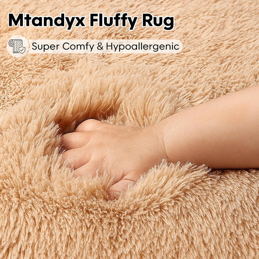8x10 Beige Fluffy Shag Area Rug, Non-Slip Soft Carpet for Home