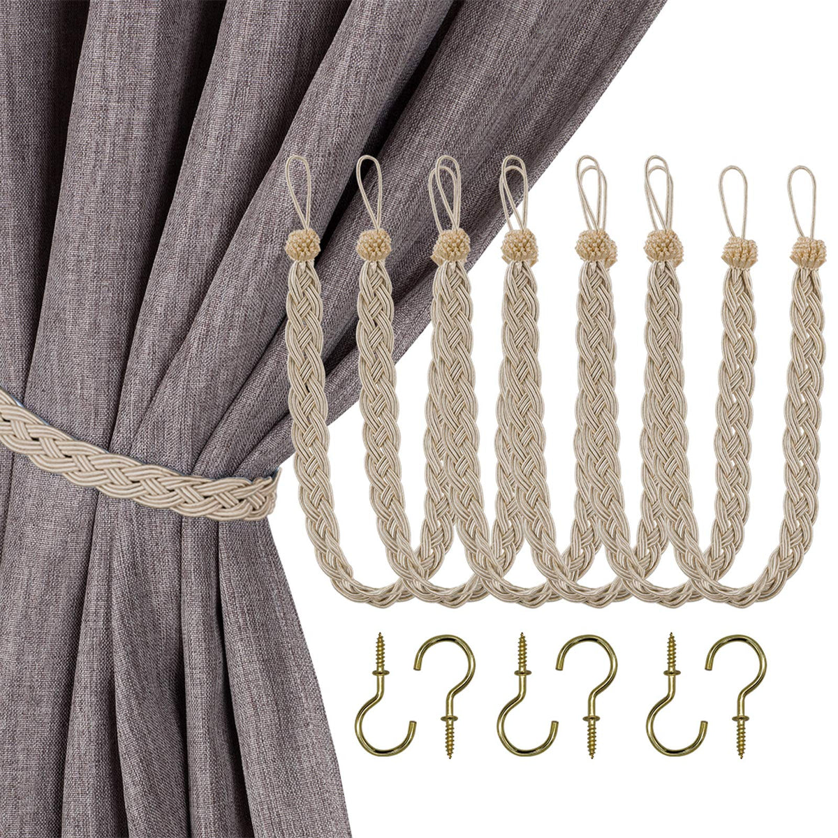 Home Queen Handwoven Rope Curtain Tiebacks for Drapes, 2 Pack Rope Holdbacks with Hooks, 23 Inch Long Polyester and Cotton Braided Tie Backs for Thick and Sheer Curtains,Navy and Silver