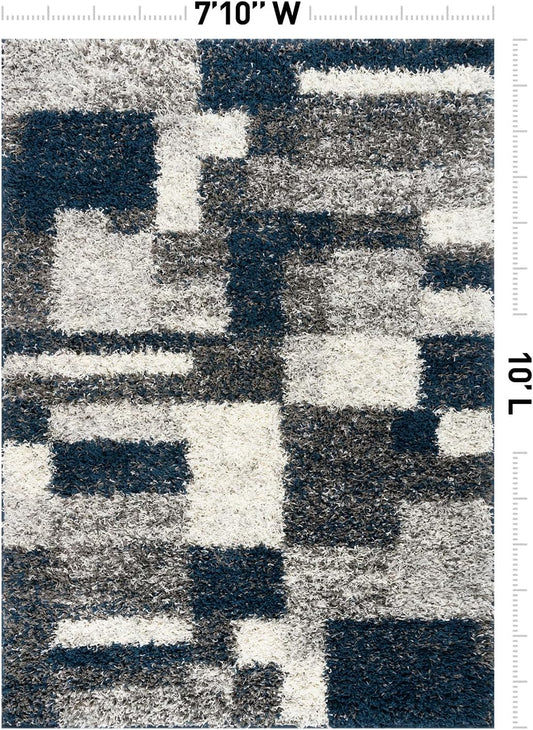 Rugshop Modern Boxes Distressed Shag Plush Soft Area Rug Navy 7'10" x 10'