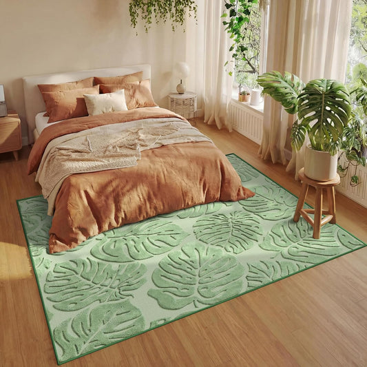 Arenarug Sage Green Monstera 5x7 Area Rugs High-Low Plush Pile Washable
