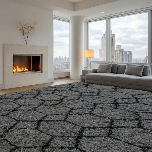 Fluffy Rug for Living Room, Soft Modern 8x10 Grey and Black Shag Area Rugs