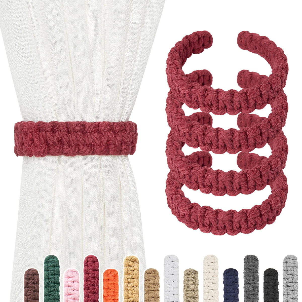 NICEEC 2 Pack Natural Cotton Rope Curtain Tiebacks Farmhouse Rustic Style Decorative Drape Tie Backs Handmade Braided Curtain Holdbacks for Home & Office Sheer/Light Weight Drapery (C-White-S)