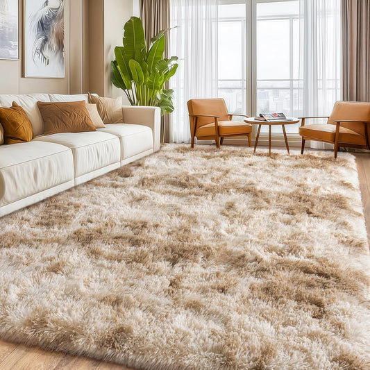 Large Living Room Area Rug 9x12Ft Shaggy Carpet Fuzzy Carpet Tie Dye Camel