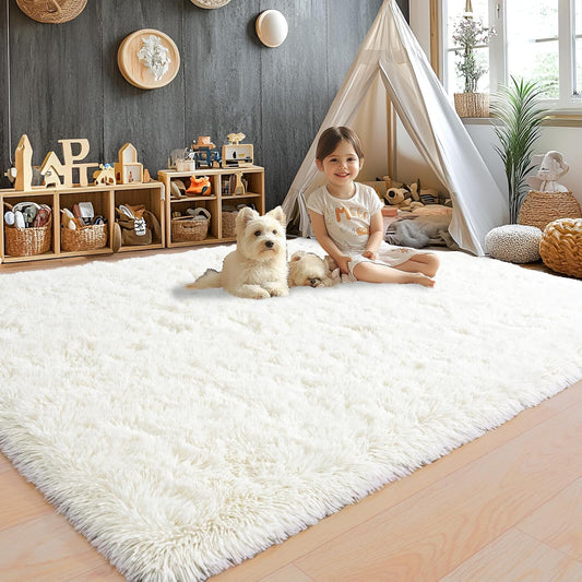 8x10 Area Rugs for Living Room, Cream White Soft Fuzzy Large Shaggy Rug