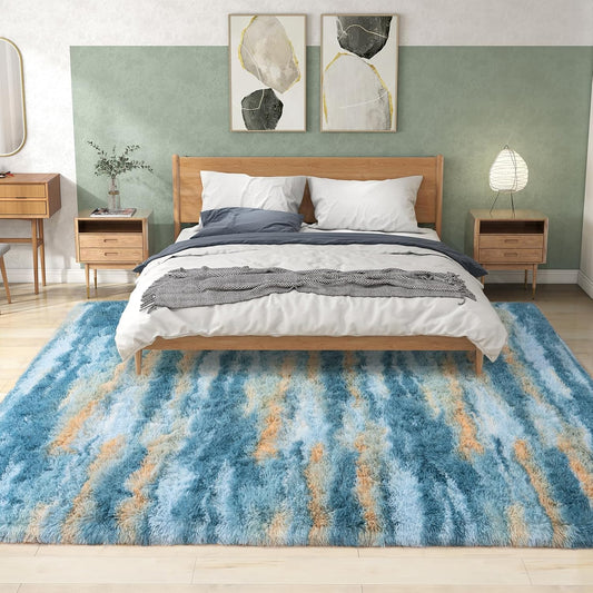 9x12 Large Shag Rugs for Living Room, Washable Abstract Blue Yellow