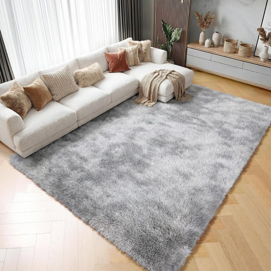 Area Rugs for Living Room Bedroom, 5x8 Fluffy Tie-Dyed Light Grey Shag Rug