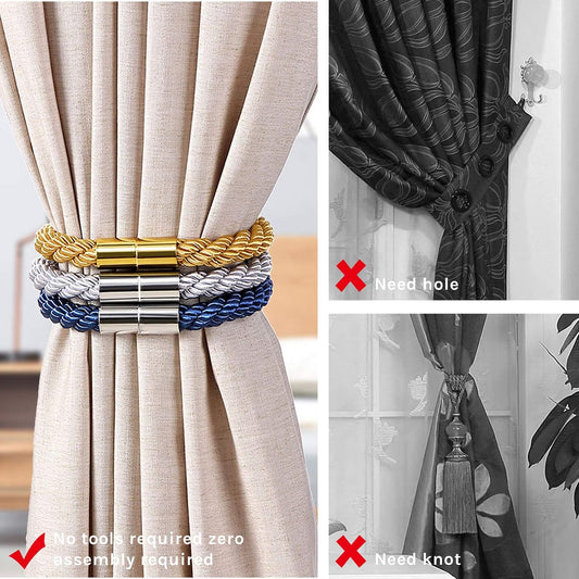 NICEEC 2 Pack Strong Magnetic Curtain Tiebacks Modern Simple Style Drape Tie Backs Convenient Decorative Weave Rope Curtain Holdbacks for Thin or Thick Home & Office Window Draperies (Beige)