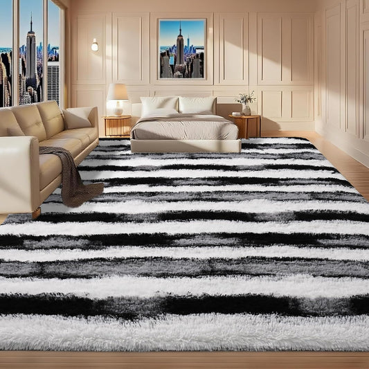 Black and White Rugs for Living Room Bedroom, 6x9 Fluffy Soft Plush Area Rugs with Non-Slip Backing, Modern Striped Shag Fuzzy Carpets for Kids Playroom Nursery Dorms Home Decor