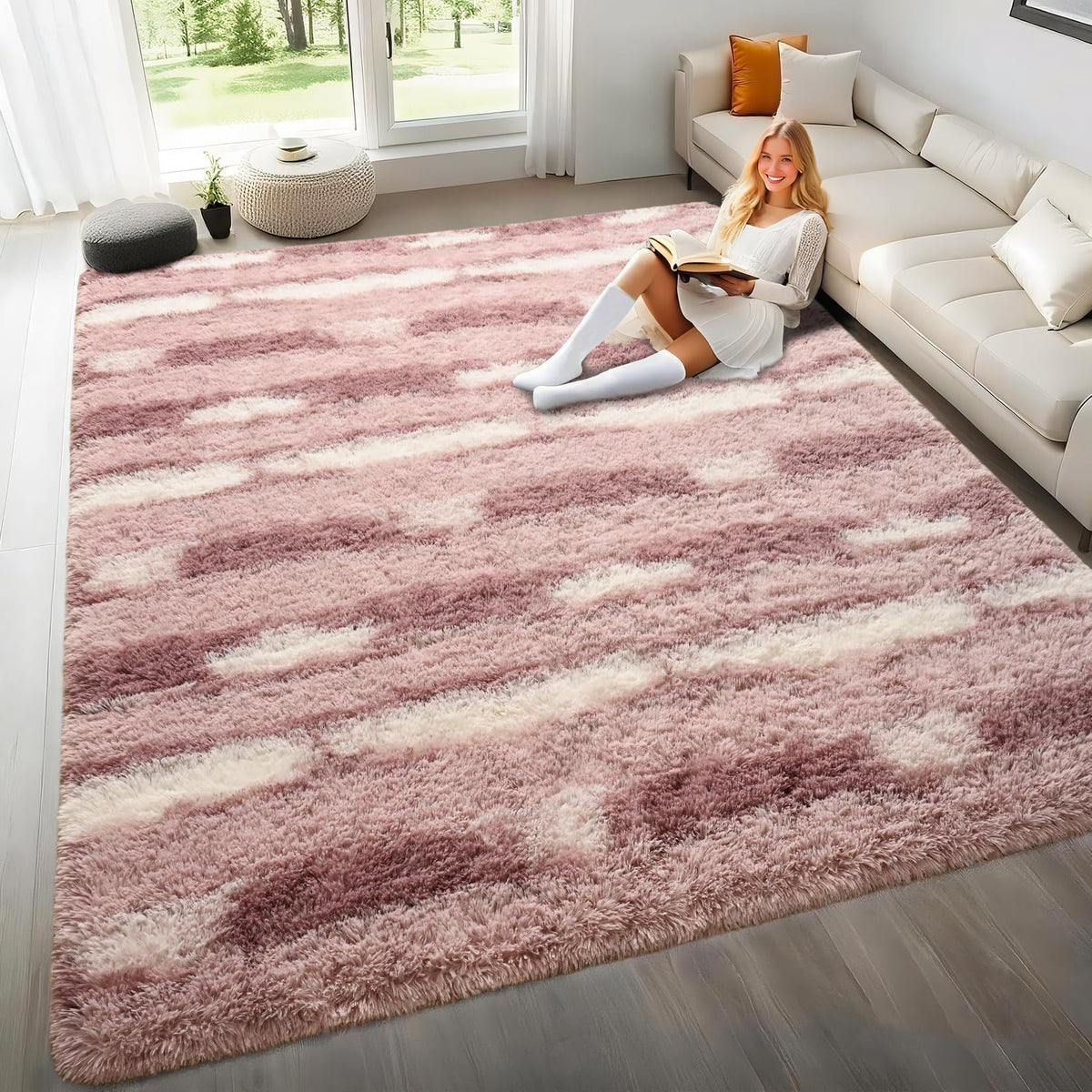 Black and White Rugs for Living Room Bedroom, 6x9 Fluffy Soft Plush Area Rugs with Non-Slip Backing, Modern Striped Shag Fuzzy Carpets for Kids Playroom Nursery Dorms Home Decor