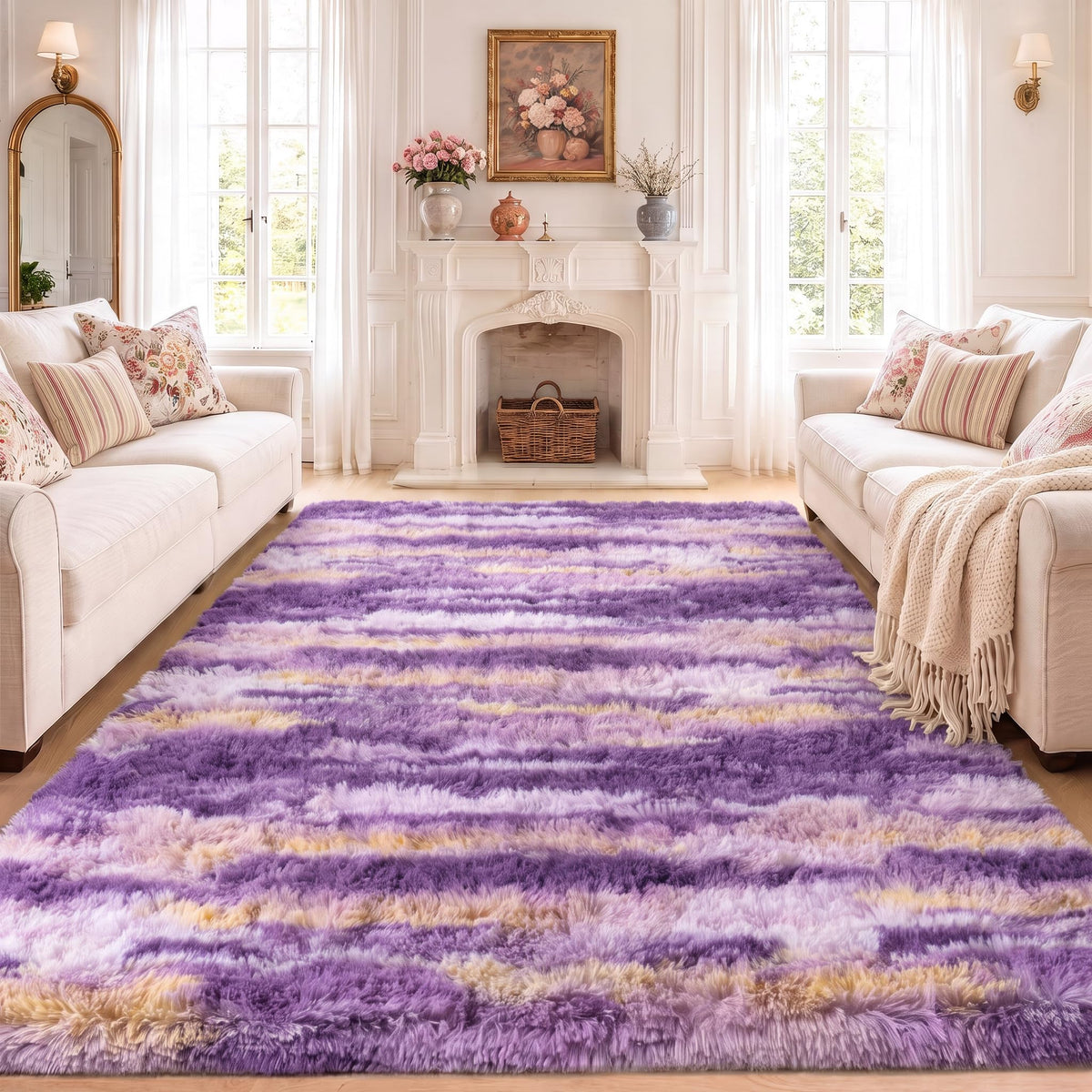 8x10 Large Shag Rugs for Living Room, Washable Abstract Grey