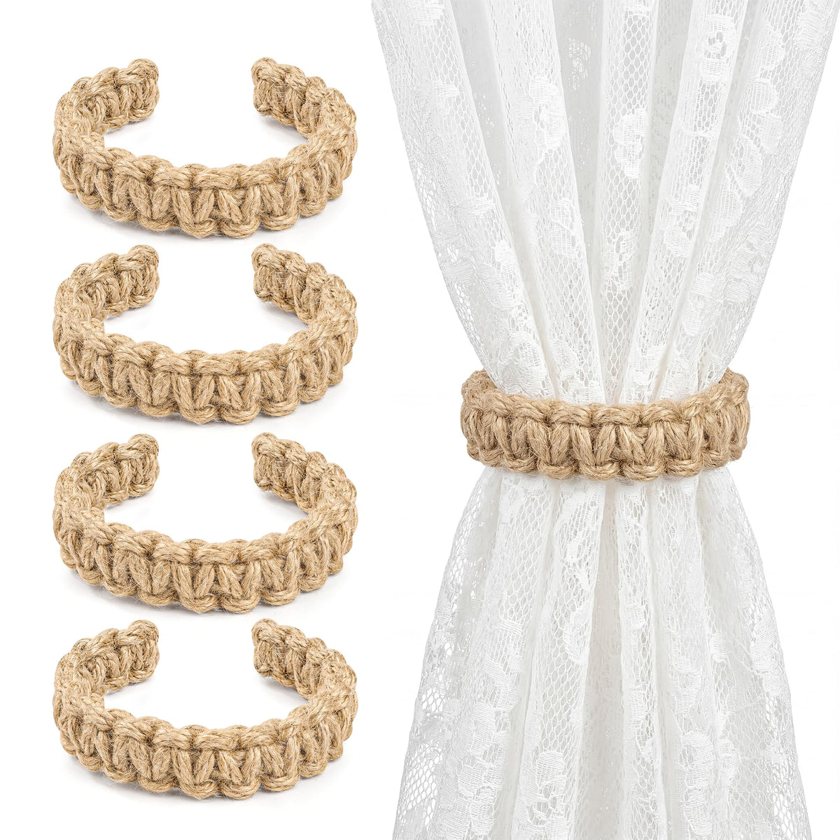 Boho Curtain Tiebacks, Braided Curtain Holdbacks, Brown, 4 Pcs
