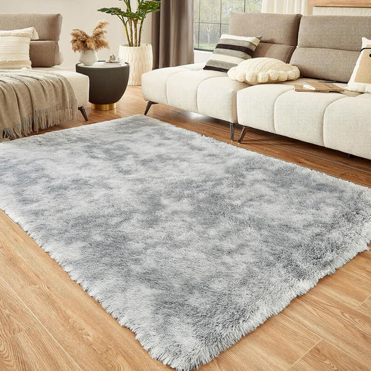 Floralux Rugs for Living Room, 6x9 Large Shag Area Rug, Tie-Dyed Light Grey Soft Fluffy Carpets for Bedroom