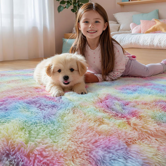 KICHOWUA 4x6 Fluffy Fuzzy Kids Shag Rainbow Rug for Girls Bedroom Playroom