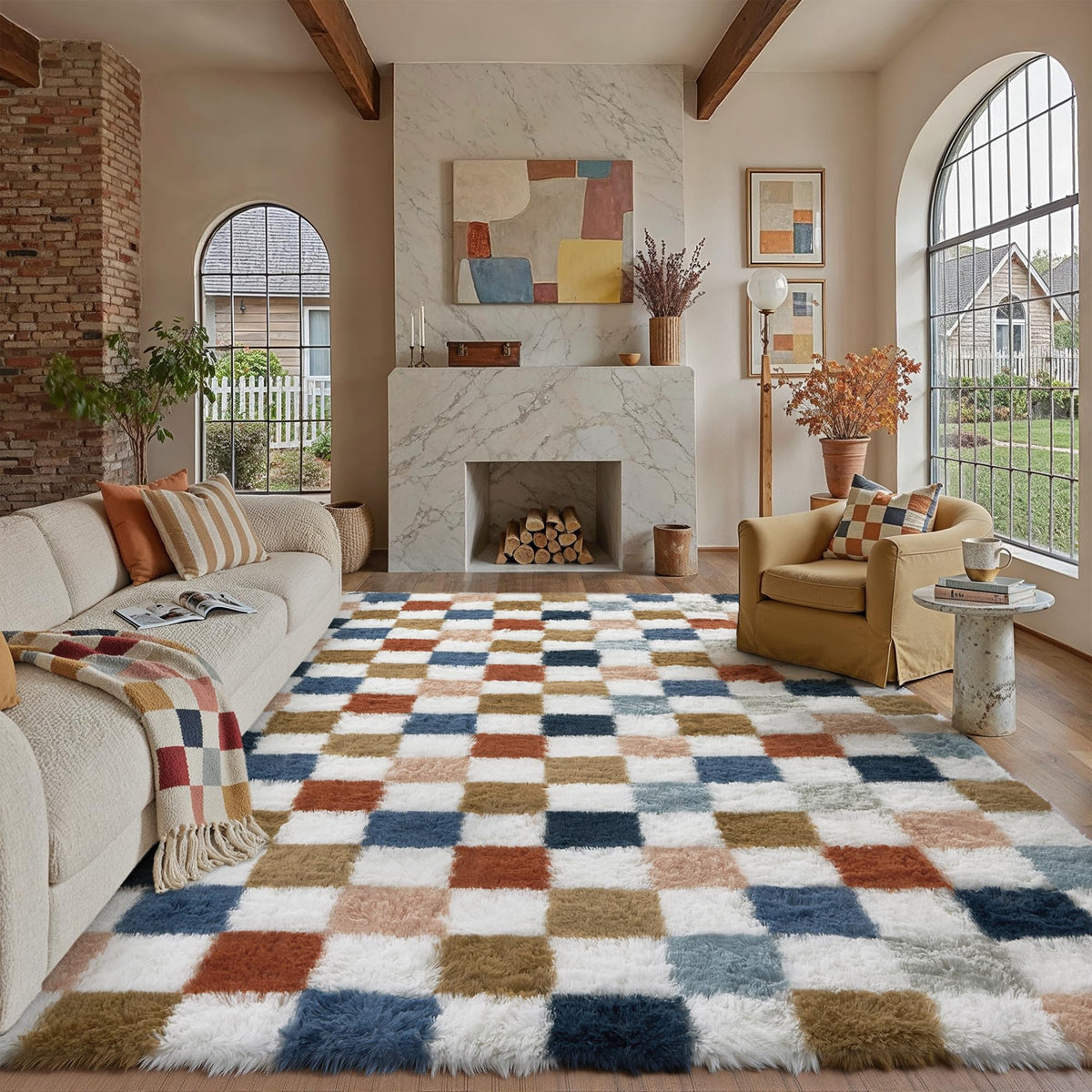 PureCozy Beige 8x10 Area Rug for Living Room Soft Checkered Shag Carpet