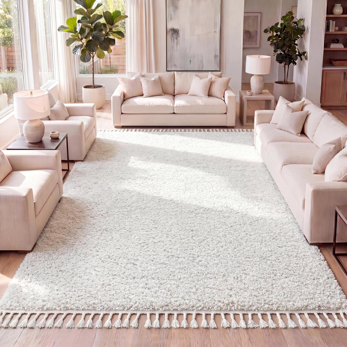 JONATHAN Y Mercer Shag Plush Tassel Cream Indoor Area Rug, 5x8, Contemporary, Modern, Easy-Cleaning for Living Room, Bedroom, Kitchen, Pet Friendly, Non-Shedding (MCR100D-5)