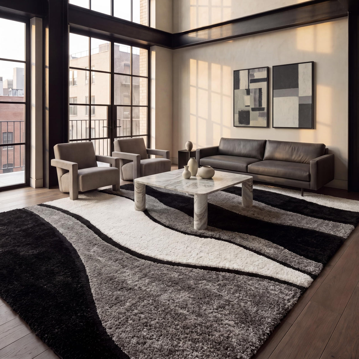 SAFAVIEH Florida Shag Collection Area Rug - 6' x 9', Ivory & Grey, Abstract Design, Non-Shedding & Easy Care, 1.2-inch Thick Ideal for High Traffic Areas in Living Room, Bedroom (SG475-1180)