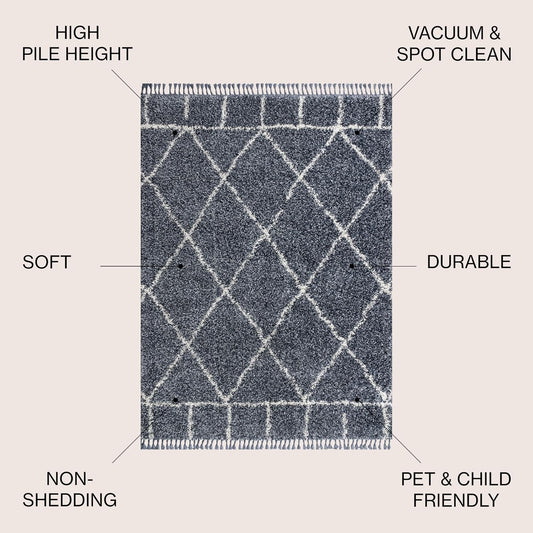 JONATHAN Y Mercer Shag Plush Tassel Blue/Cream Indoor Area Rug, 8x10, Moroccan Geometric Trellis, Easy-Cleaning for Living Room, Bedroom, Kitchen, Pet Friendly, Non-Shedding (MCR101A-8)