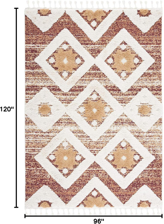 SAFAVIEH Area Rug 8x10 - Moroccan Tassel Shag Collection - Large - Rust & Ivory, Boho Design, Non-Shedding & Easy Cleaning, Plush Pile, Ideal for Living Room, Bedroom, Dining Space (MTS664P)