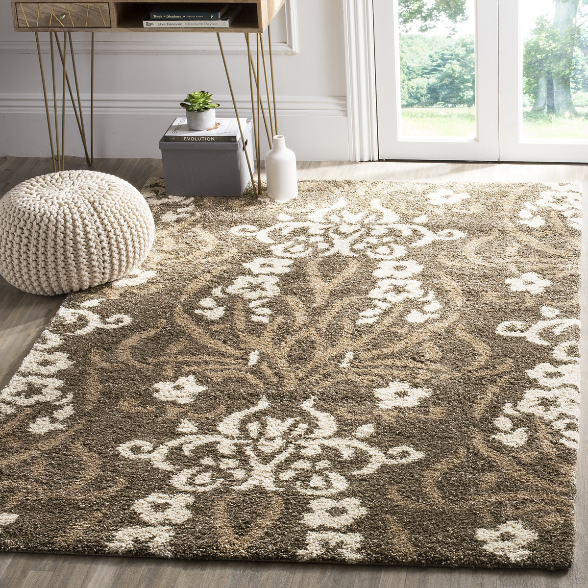 SAFAVIEH Florida Shag Collection Area Rug - 8'6" x 12', Smoke & Beige, Floral Design, Non-Shedding & Easy Care, 1.2-inch Thick Ideal for High Traffic Areas in Living Room, Bedroom (SG457-7913)