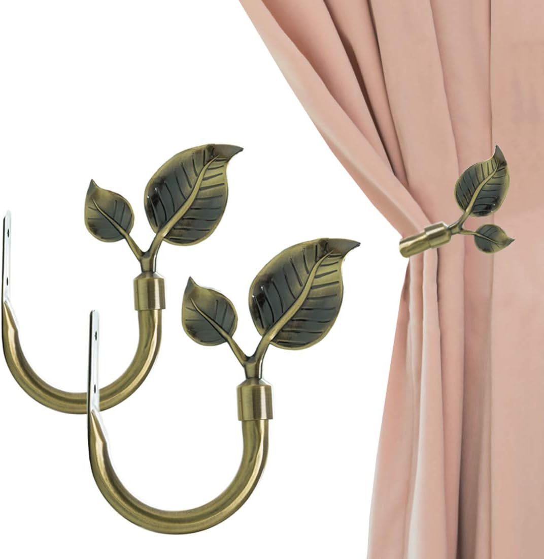 HIKMLK Leaf Shaped Curtain Tieback Holdbacks 2pcs, Handmade Metal Curtain Side Holders for Wall, Curtain Hook Pull Backs for Drapes Window Decoration