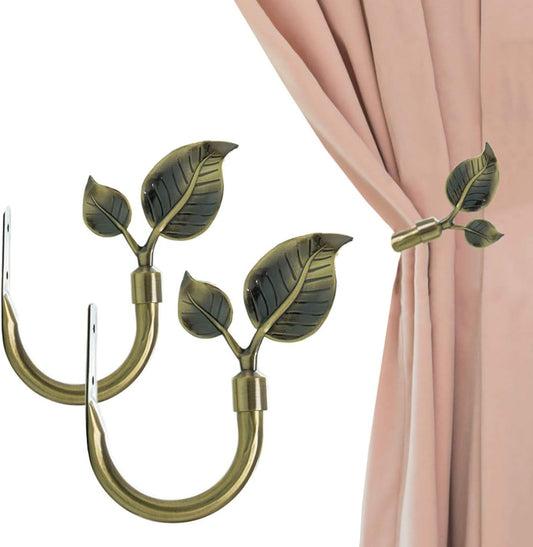 HIKMLK Leaf Shaped Curtain Tieback Holdbacks 2pcs, Handmade Metal Curtain Side Holders for Wall, Curtain Hook Pull Backs for Drapes Window Decoration