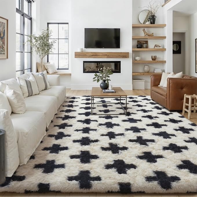 PureCozy Beige 8x10 Area Rug for Living Room Soft Checkered Shag Carpet