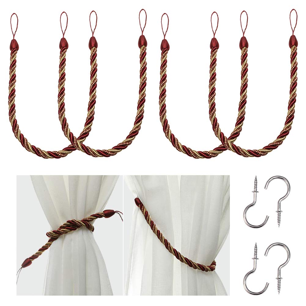 BEL AVENIR Curtain Tiebacks Ropes Tie-Backs,Handmade Holdbacks(Gold,2P)