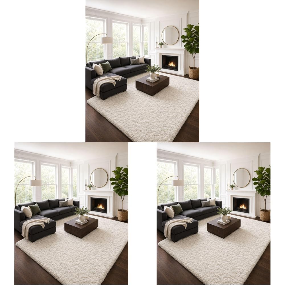Ophanie 8x10 Area Rugs for Living Room, Washable Non-Slip Fluffy Soft Large Shag Bedroom Carpet, Ivory Big Indoor Nursery Rug, Carpets for Boy and Girls Room Dorm Decor with Over 99 pcs Pile fibers