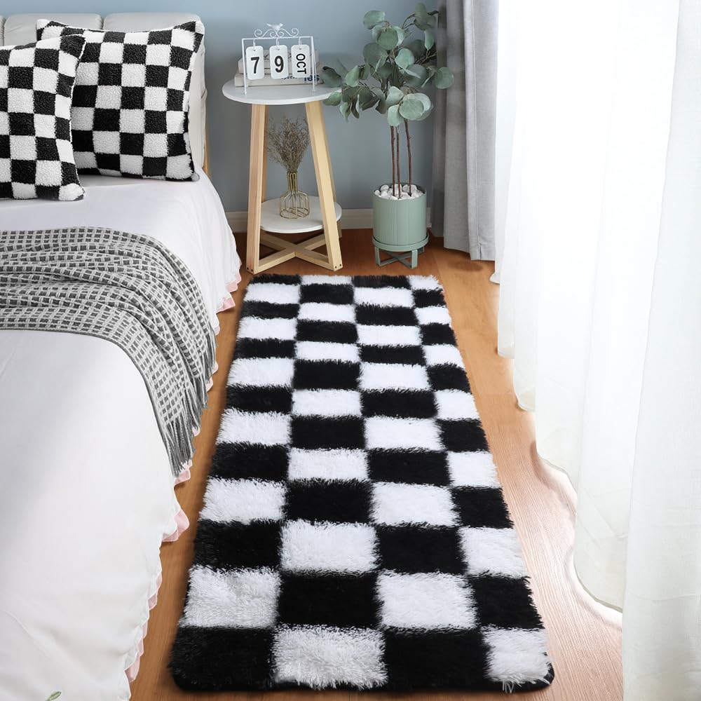 KICMOR Area Rugs 8x10 for Living Room, Large Fluffy Beige and Cream White Checkered Rug Big Fuzzy Shag Shaggy Carpets for Bedroom, Soft Plush Furry Rug for Boy Girls Room Dorm Home Decor Aesthetic