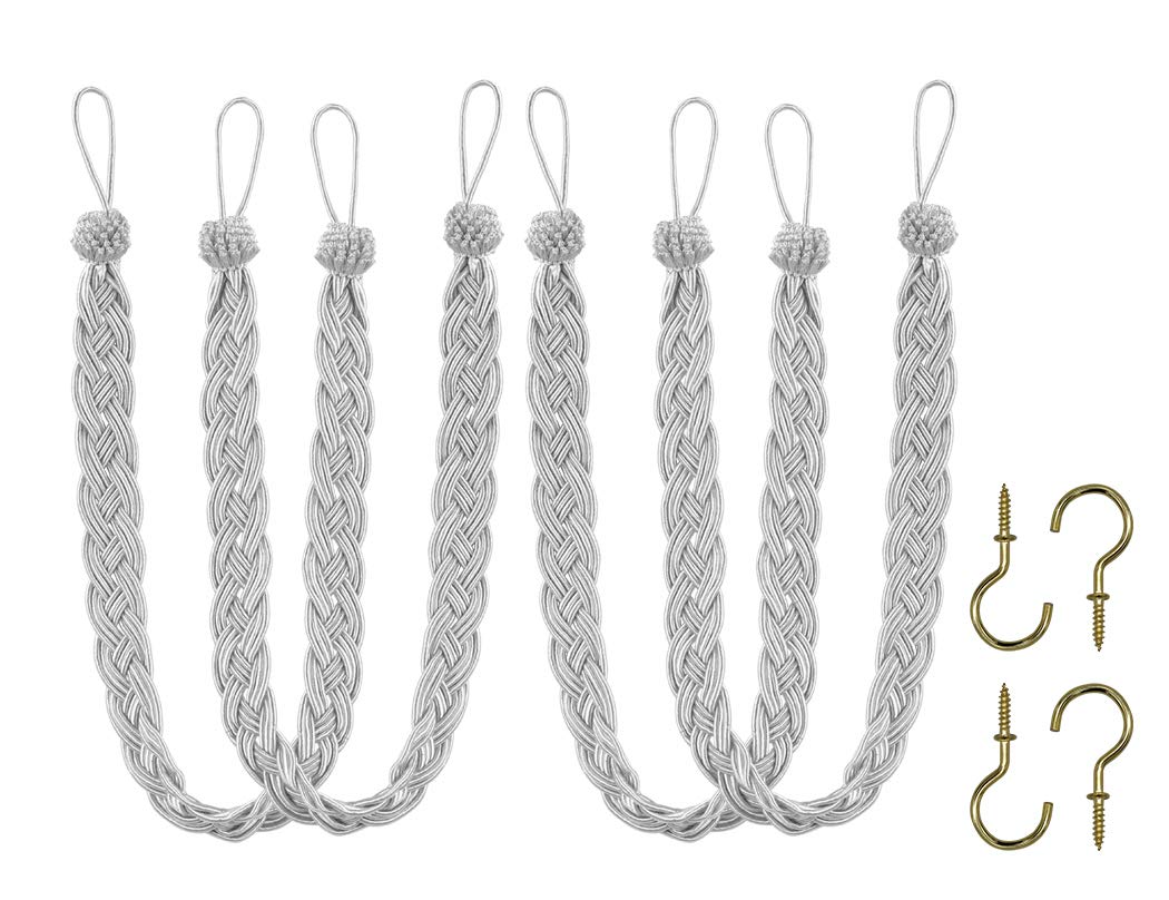 Home Queen Handwoven Rope Curtain Tiebacks for Drapes, 2 Pack Rope Holdbacks with Hooks, 23 Inch Long Polyester and Cotton Braided Tie Backs for Thick and Sheer Curtains,Navy and Silver