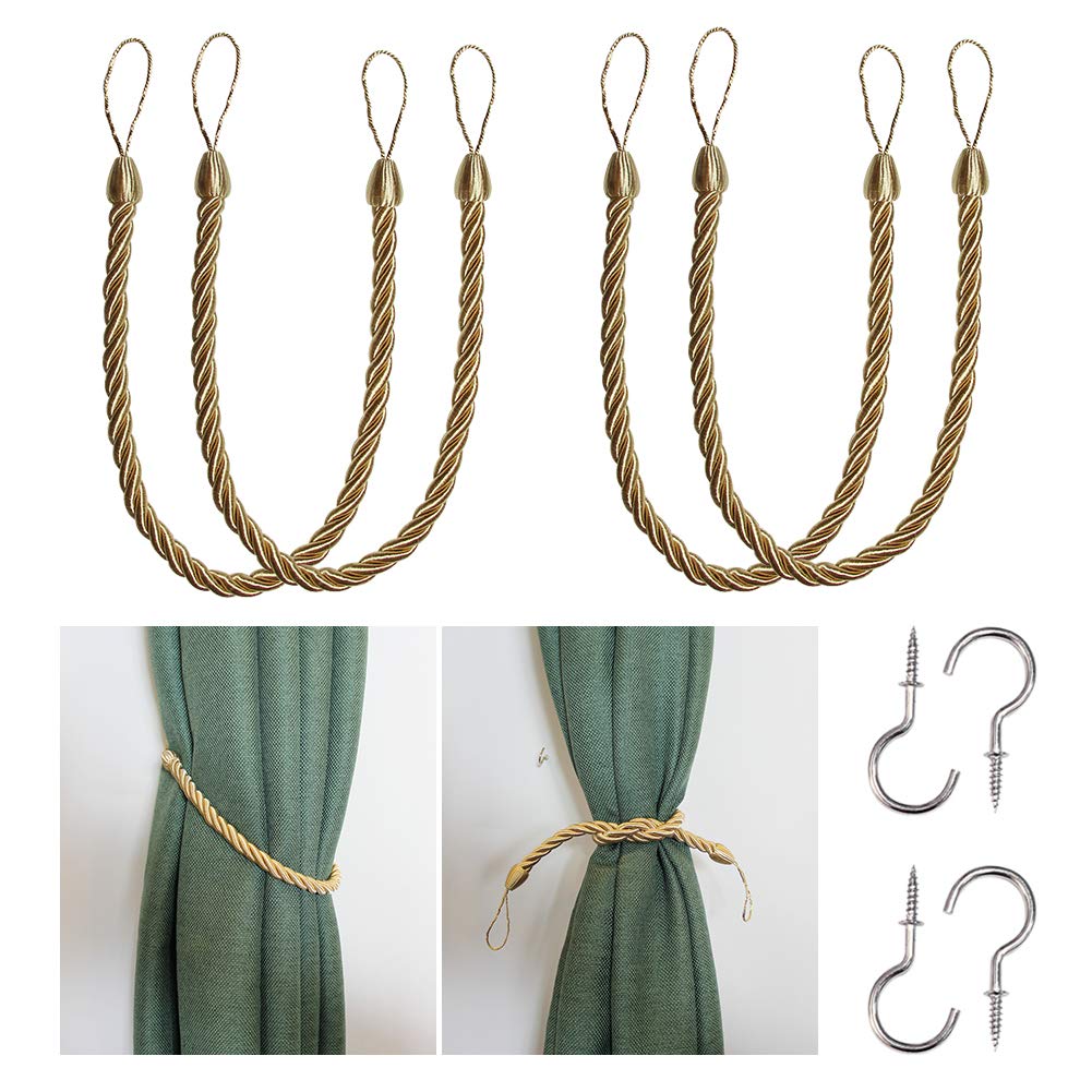 BEL AVENIR Curtain Tiebacks Ropes Tie-Backs,Handmade Holdbacks(Gold,2P)