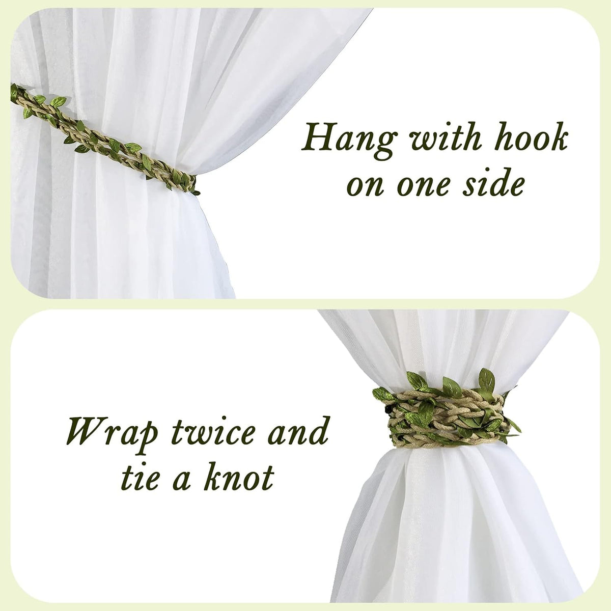 Valea Home Curtain Tiebacks Ropes Natural Burlap Rope Holdbacks with Artificial Vines Fake Foliage Ivy Leaf for Rustic Wedding Party Home Decorative Curtain Holders, Set of 4