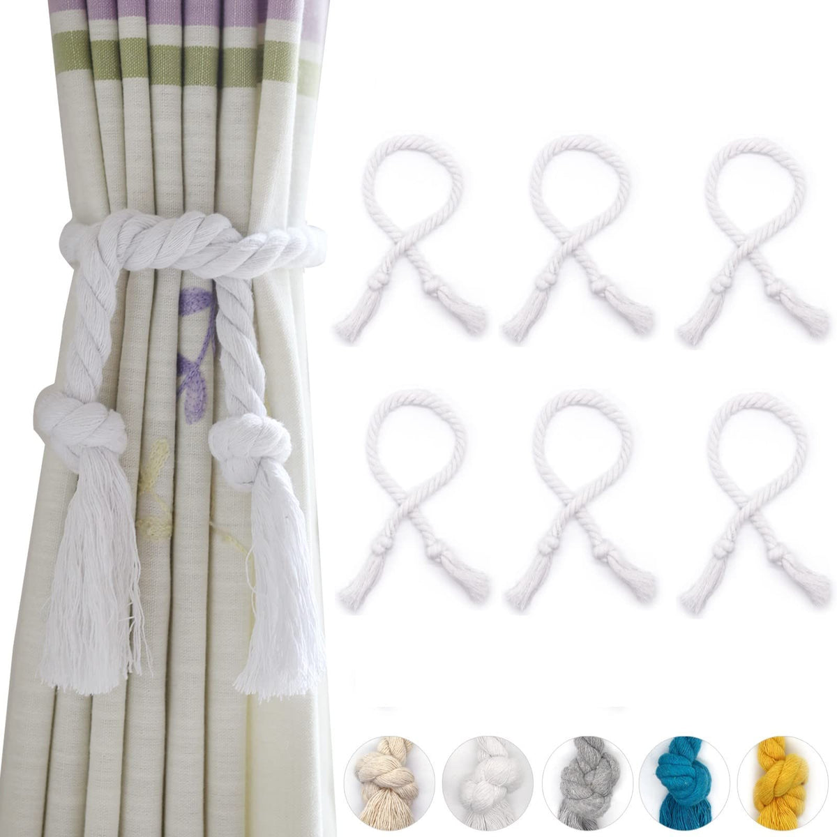 6 Pack Curtain Ties Rope, Outdoor Curtain Tiebacks for Patio Gazebo Pergola Cabana, Natural Cotton Curtain Holders, Village Rural Rustic Farmhouse Curtain Holdbacks for Drapery, Black