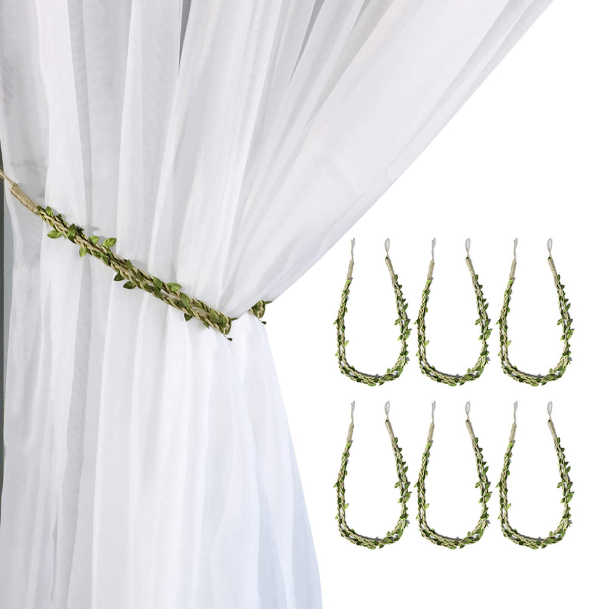 Valea Home Curtain Tiebacks Ropes Natural Burlap Rope Holdbacks with Artificial Vines Fake Foliage Ivy Leaf for Rustic Wedding Party Home Decorative Curtain Holders, Set of 4