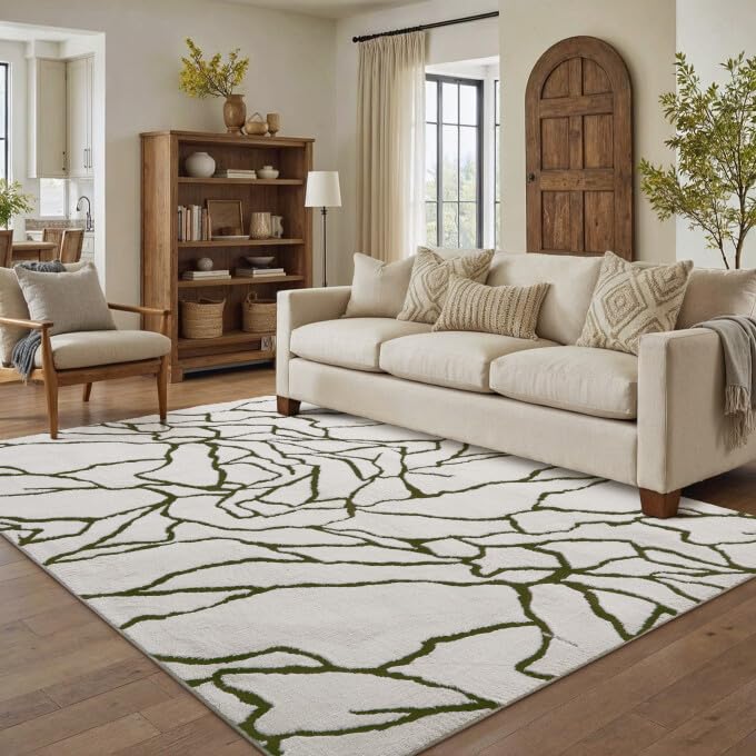 PureCozy Beige 8x10 Area Rug for Living Room Soft Checkered Shag Carpet