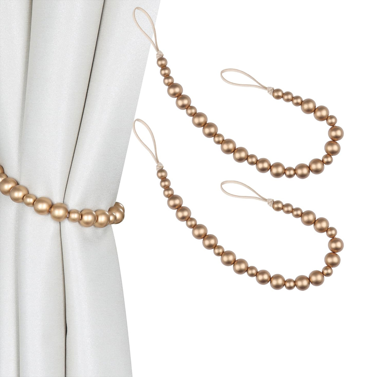 2 Pieces Curtain Tieback Wood Bead Curtain Tiebacks Curtain Holdbacks for Wall Curtain Ties Window Treatment Curtain Tie Backs with Hooks Curtain Pull Backs (Coffee,2) C-1