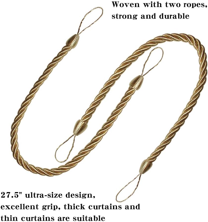 BEL AVENIR Curtain Tiebacks Ropes Tie-Backs,Handmade Holdbacks(Gold,2P)