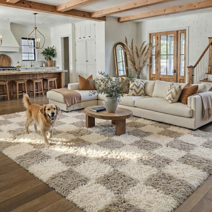 PureCozy Beige 8x10 Area Rug for Living Room Soft Checkered Shag Carpet