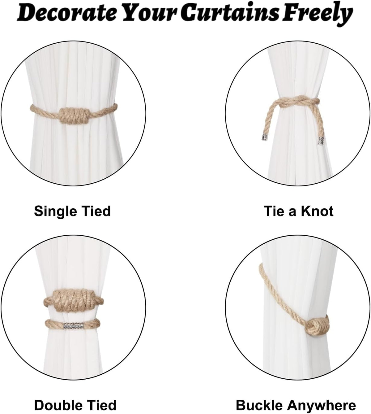 BEL AVENIR Magnetic Jute Curtain Tiebacks 2 Pack Hand-Woven Curtain Ties